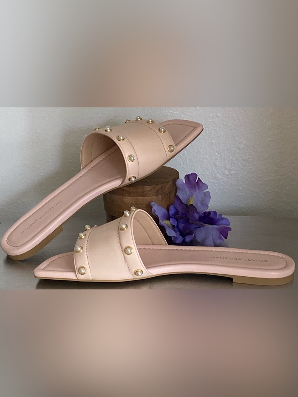 STEWART WEITZMAN PEARL STUDDED LEATHER SLIDE SANDALS